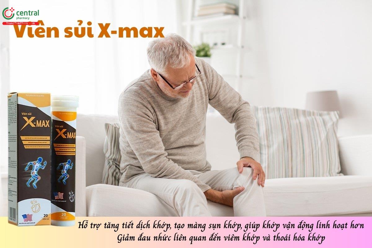 Viên sủi X-max hỗ trợ tăng tiết dịch khớp, tạo màng sụn khớp, giúp khớp vận động linh hoạt hơn, giảm đau nhức liên quan đến viêm khớp và thoái hóa khớp