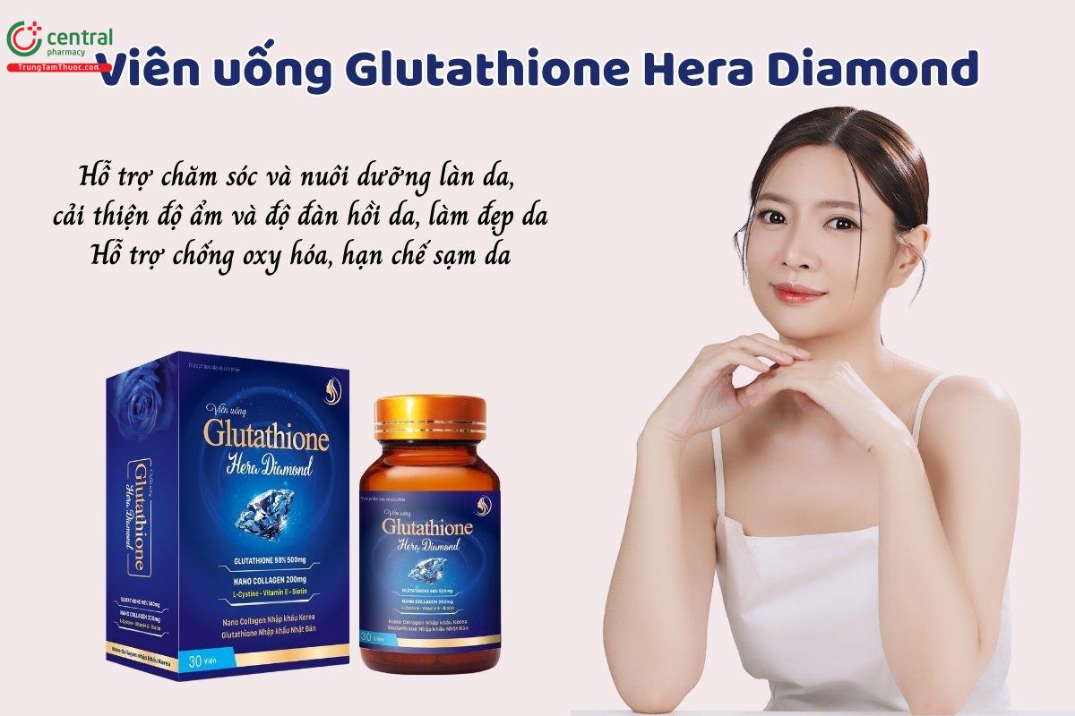 Viên uống Glutathione Hera Diamond hỗ trợ chăm sóc và nuôi dưỡng làn da, cải thiện độ ẩm và độ đàn hồi da, làm đẹp da, hỗ trợ chống oxy hóa, hạn chế sạm da