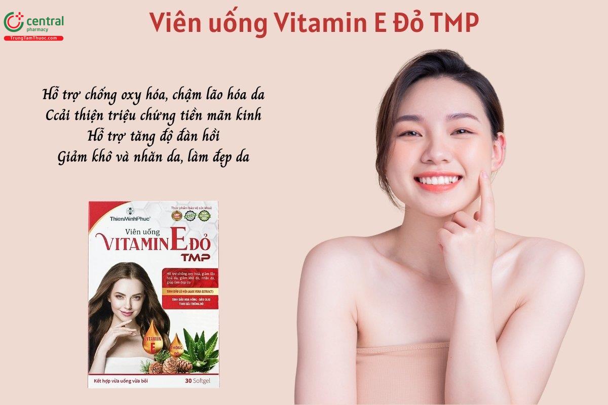 Viên uống Vitamin E Đỏ TMP hỗ trợ chống oxy hóa, chậm lão hóa da, cải thiện triệu chứng tiền mãn kinh, hỗ trợ tăng độ đàn hồi, giảm khô và nhăn da, làm đẹp da