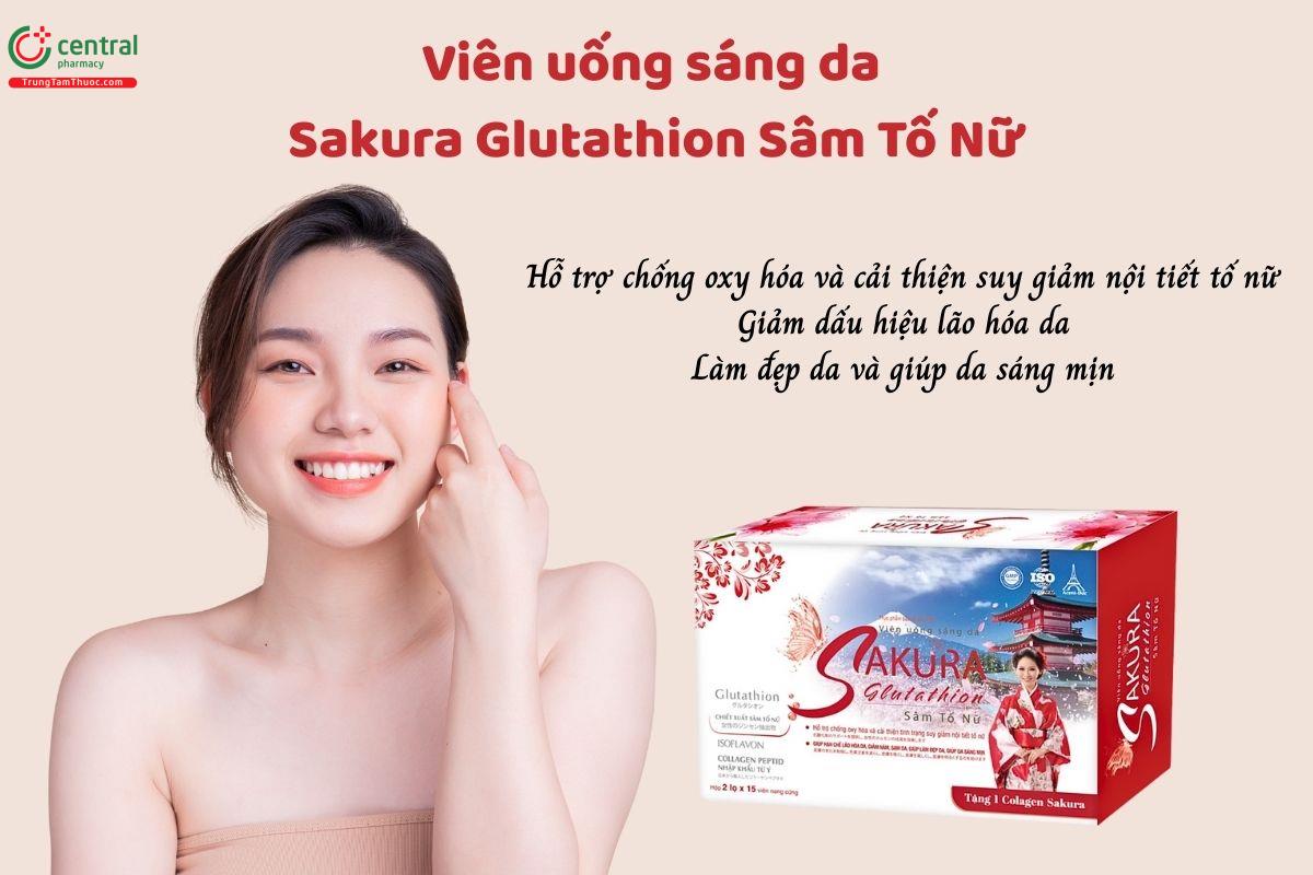 Viên uống sáng da Sakura Glutathion Sâm Tố Nữ hỗ trợ chống oxy hóa, cải thiện suy giảm nội tiết tố nữ, giảm lão hóa da, hạn chế nám và sạm da, làm đẹp da