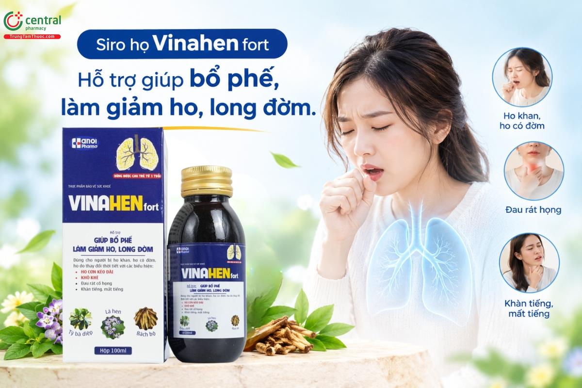 Siro ho Vinahen fort hỗ trợ giúp bổ phế, làm giảm ho, long đờm