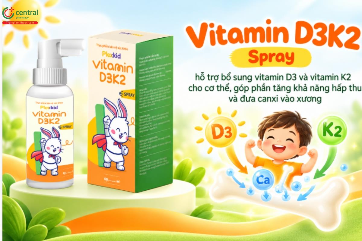 Vitamin D3K2 Spray hỗ trợ bổ sung vitamin D3 và vitamin K2 cho cơ thể, góp phần tăng khả năng hấp thu và đưa canxi vào xương.