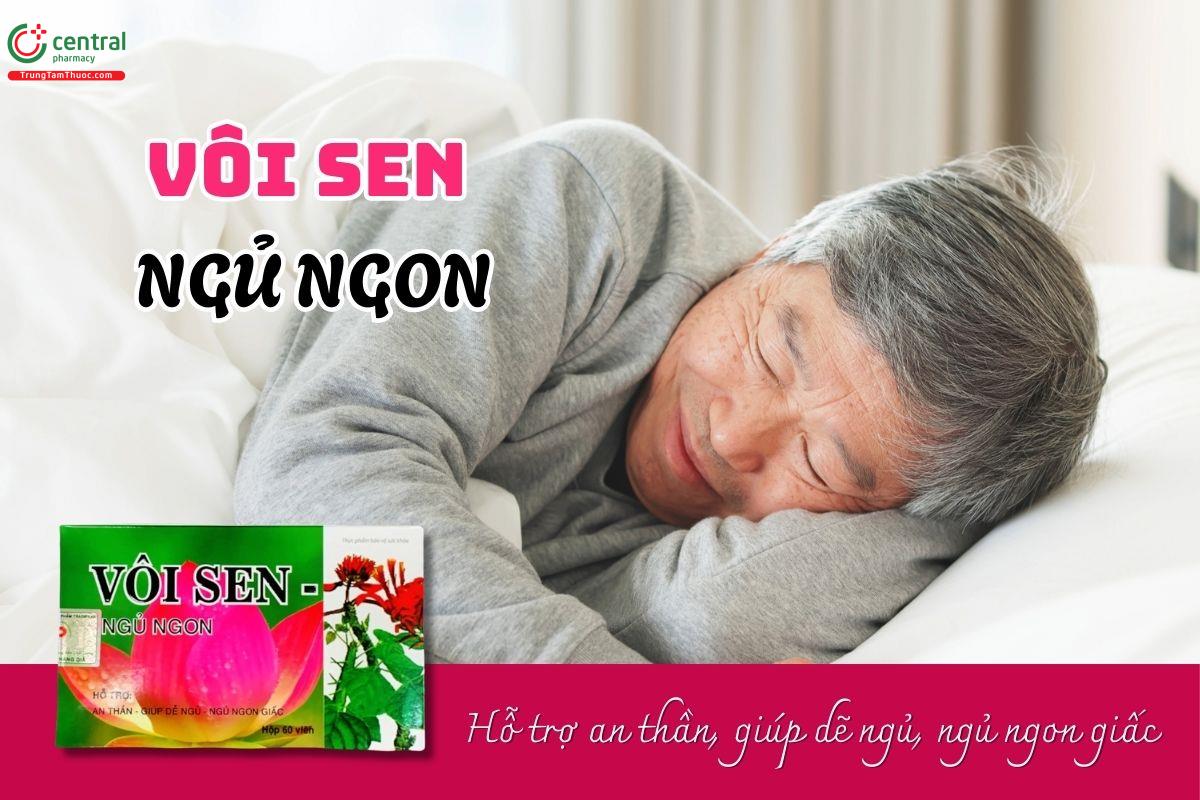 Viên Uống Vôi Sen Ngủ Ngon có các thành phần như Cao Vông nem, Cao Tâm sen, Chiết xuất Bình vôi và Melatonin giúp hỗ trợ thư giãn, giúp dễ dàng đi vào giấc ngủ và ngủ sâu hơn.