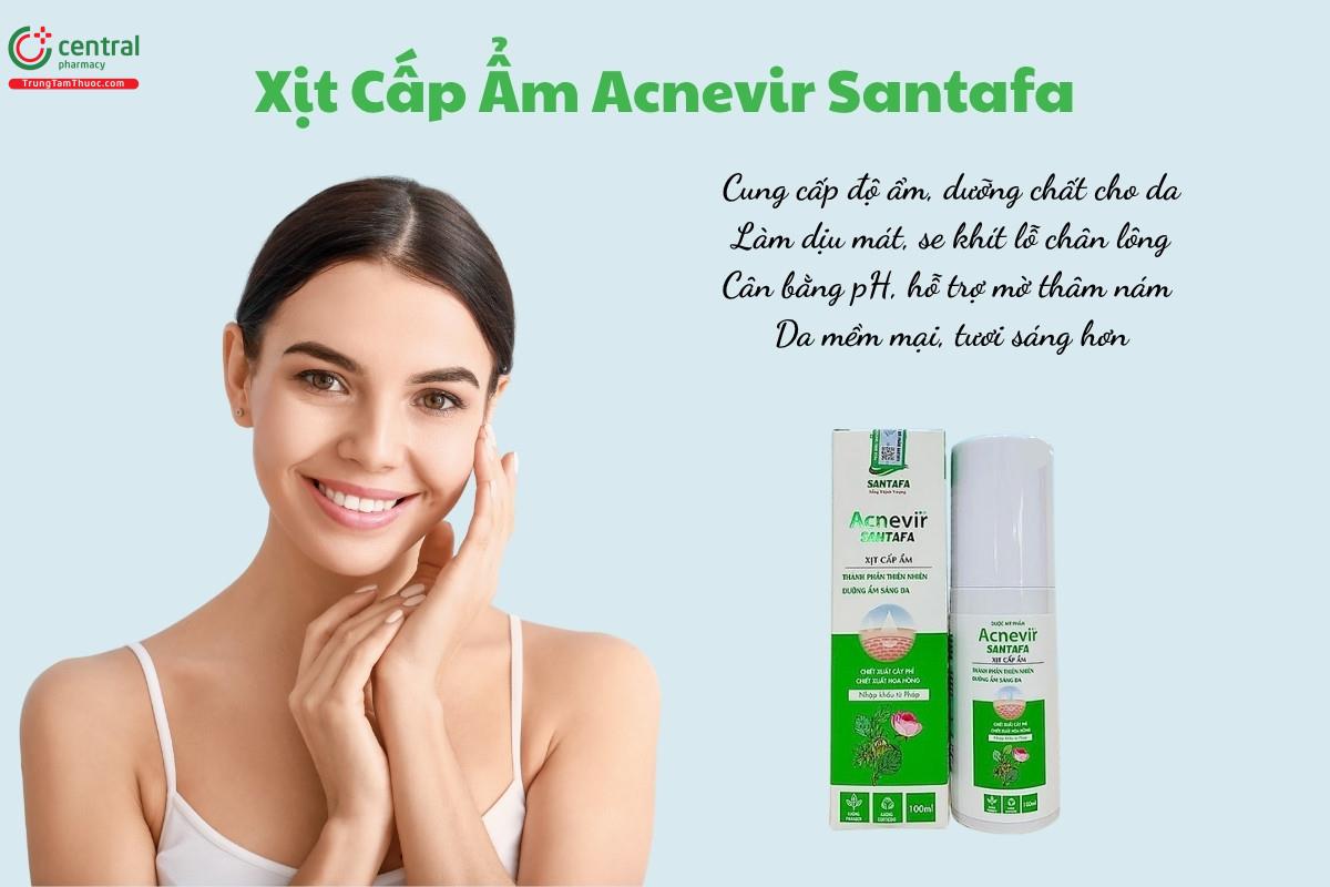 Xịt Cấp Ẩm Acnevir Santafa cung cấp độ ẩm, dưỡng chất, làm dịu mát, se khít lỗ chân lông, cân bằng pH, hỗ trợ mờ thâm nám và giúp làn da mềm mại, tươi sáng hơn