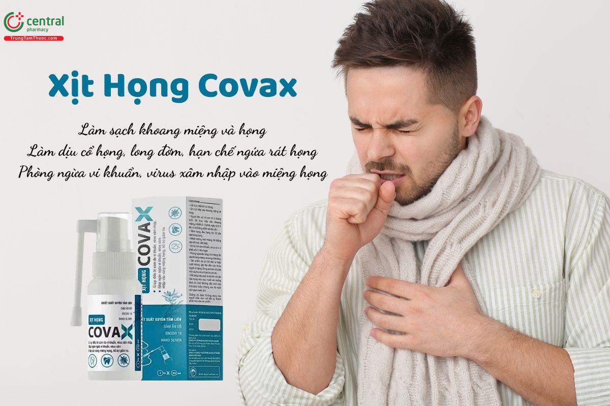 Xịt Họng Covax giúp làm sạch khoang miệng và họng, long đờm, hạn chế ngứa rát họng, phòng ngừa vi khuẩn, virus xâm nhập vào vùng miệng họng, hỗ trợ giảm ho.