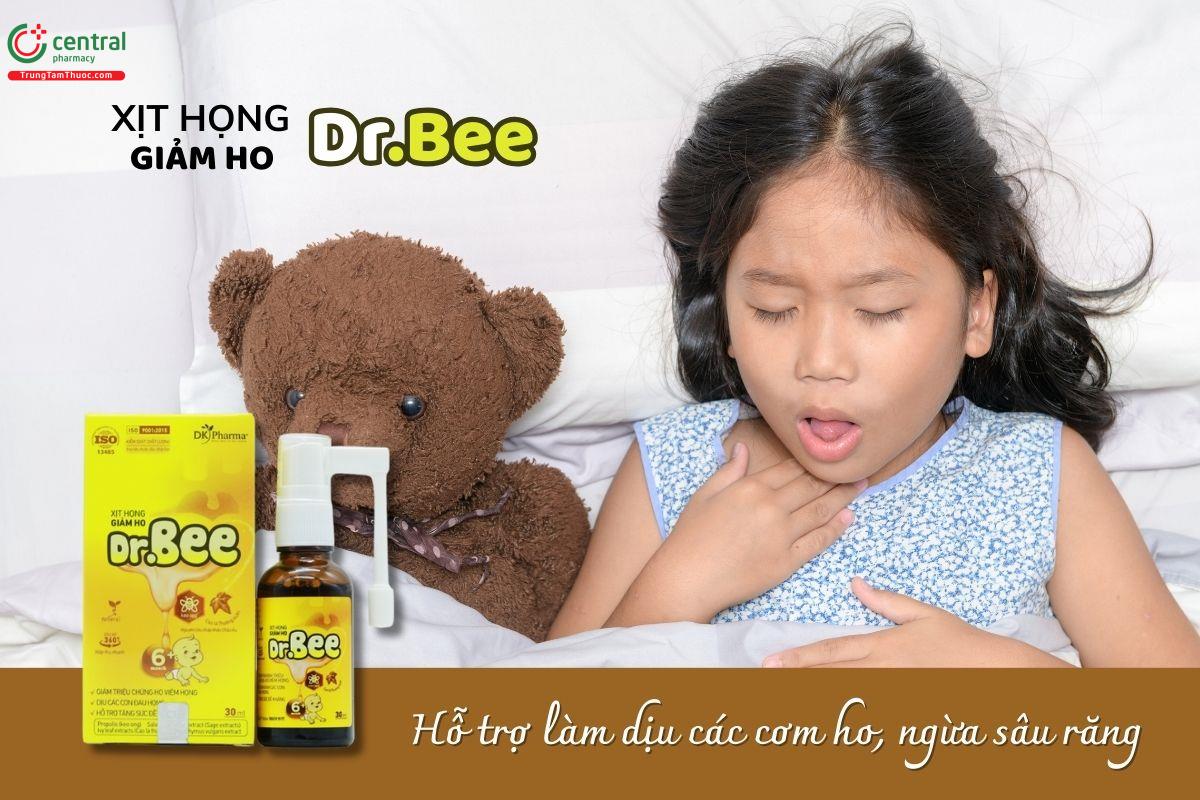 Xịt Họng Giảm Ho Dr.Bee hỗ trợ làm dịu ho, giảm ngứa rát cổ họng, cải thiện các triệu chứng viêm họng, viêm đường hô hấp có kèm theo ho,Giúp tăng cường sức đề kháng.