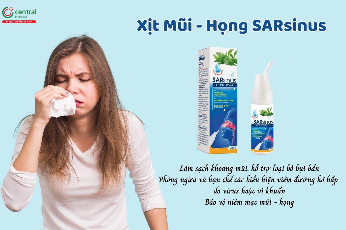 Xịt Mũi - Họng SARsinus giúp làm sạch khoang mũi, hỗ trợ loại bỏ bụi bẩn, phòng ngừa và hạn chế các biểu hiện viêm đường hô hấp do virus hoặc vi khuẩn
