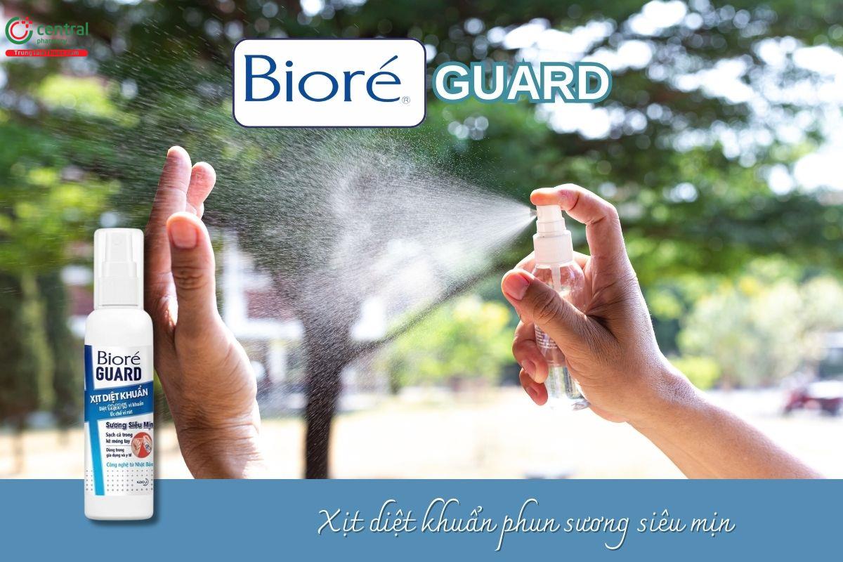 Xịt Diệt Khuẩn Bioré Guard loại bỏ đến 99,99% vi khuẩn và ngăn chặn vi rút gây bệnh chỉ sau 30 giây, không chứa hương liệu, không phẩm màu – an toàn cho mọi làn da.