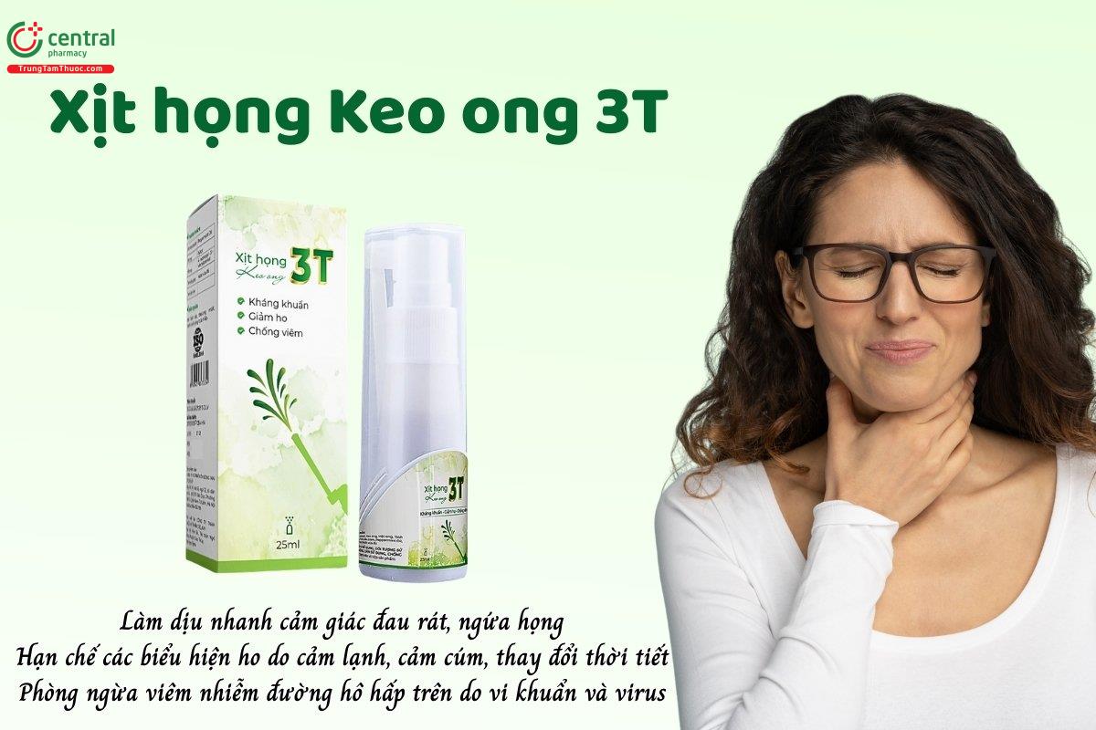 Xịt họng Keo ong 3T giúp làm dịu nhanh cảm giác đau rát, ngứa họng, hạn chế ho do cảm lạnh, cảm cúm, thay đổi thời tiết, phòng ngừa viêm nhiễm đường hô hấp trên