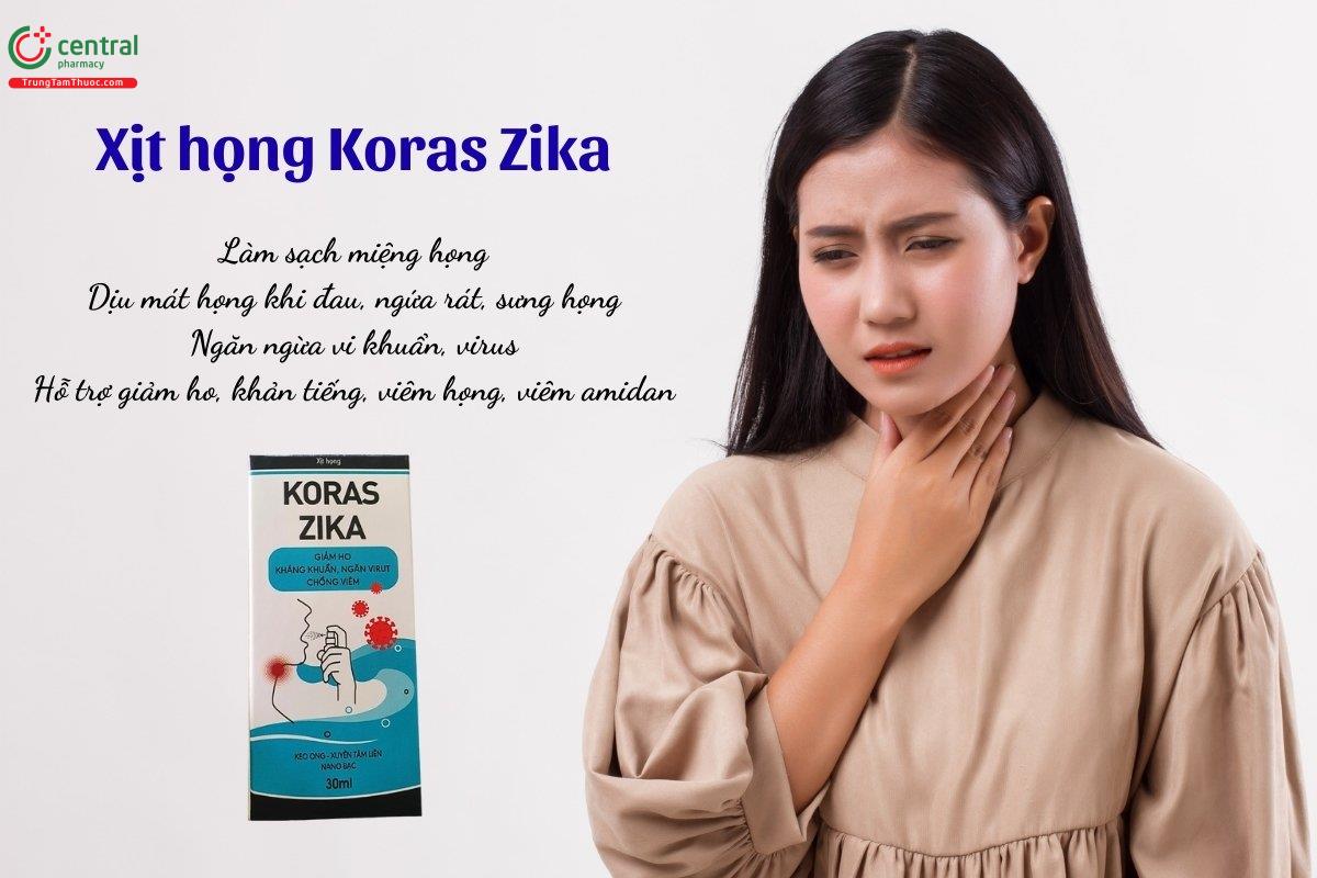 Xịt họng Koras Zika giúp làm sạch miệng họng, làm dịu mát họng khi đau, ngứa rát, ngăn ngừa vi khuẩn, virus, hỗ trợ giảm ho, khản tiếng, viêm họng, viêm amidan