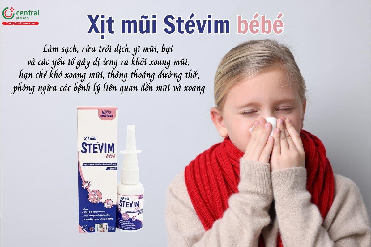 Xịt mũi Stévim bébé giúp làm sạch, rửa trôi dịch, gỉ mũi, bụi và các yếu tố gây dị ứng ra khỏi xoang mũi