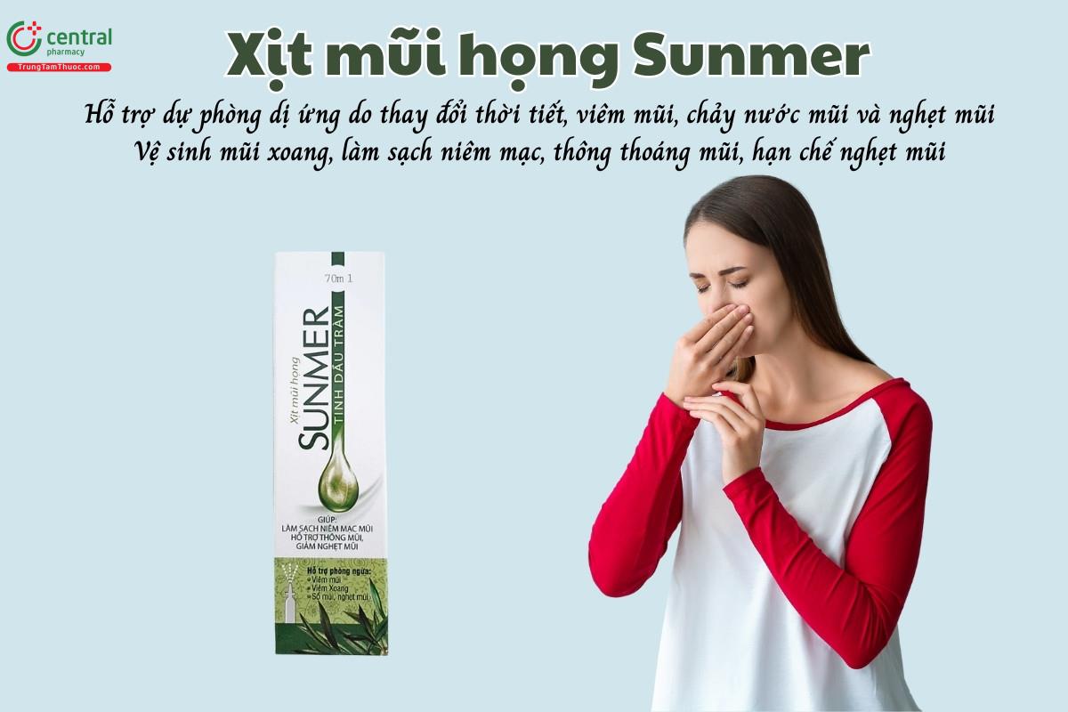 Xịt mũi họng Sunmer hỗ trợ dự phòng dị ứng do thay đổi thời tiết, viêm mũi, giúp vệ sinh khoang mũi xoang, loại bỏ gỉ mũi và chất nhầy, thông thoáng mũi