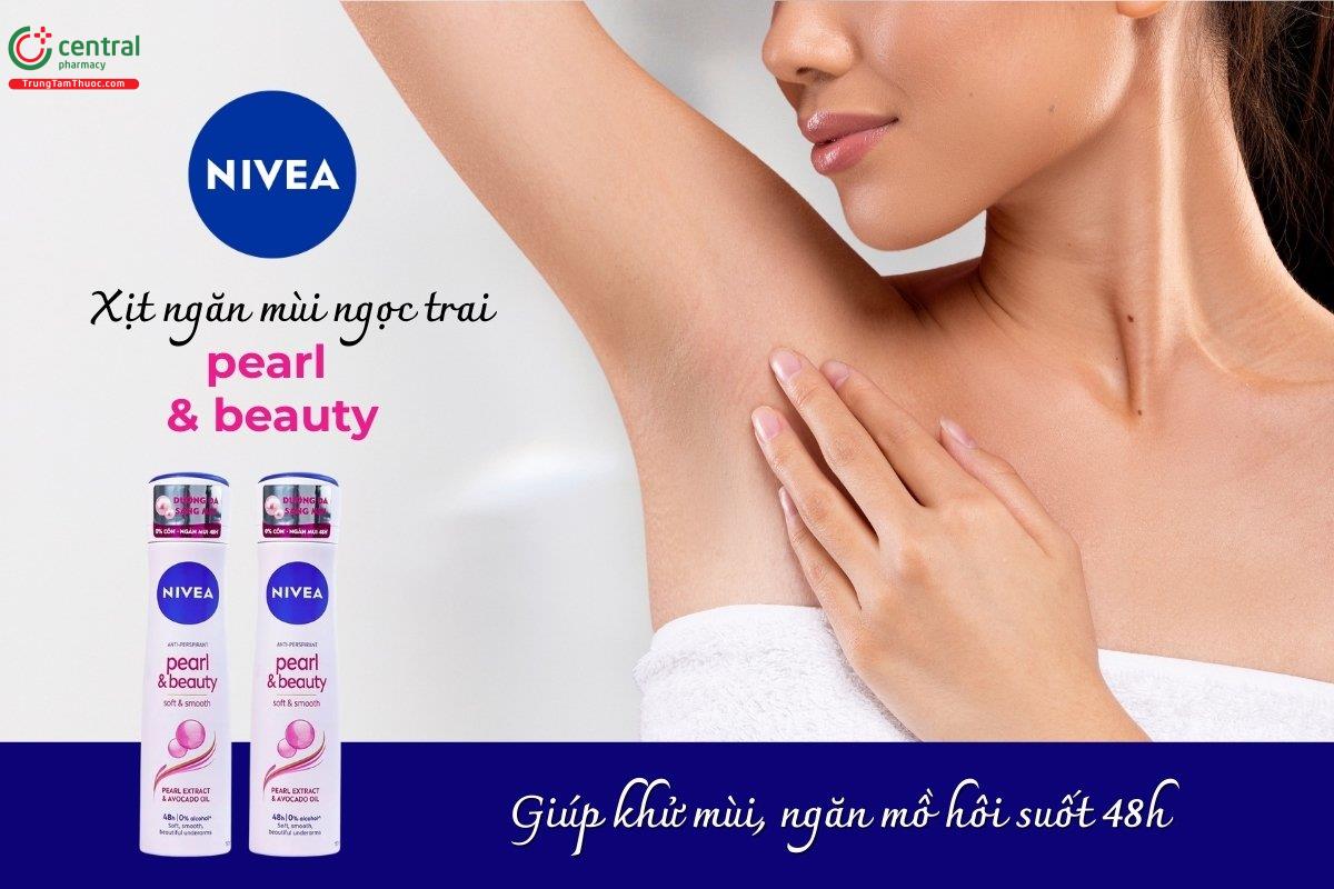 Xịt khử mùi ngọc trai Nivea Pearl & Beauty 150ml có tác dụng giúp nuôi dưỡng làn da mềm mịn, rạng rỡ. Hỗ trợ kiểm soát mồ hôi và khử mùi hiệu quả trong suốt 48 giờ. 