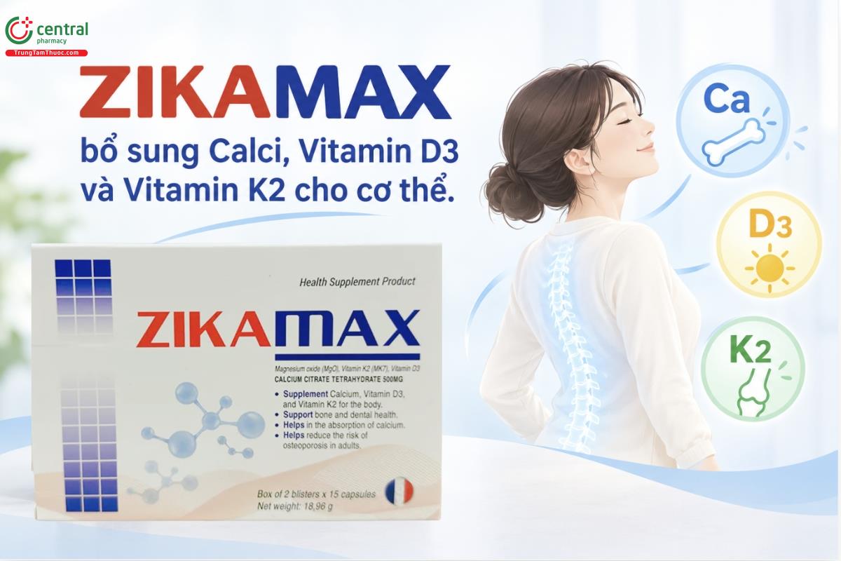 Zikamax thành phần calci, magnesi, vitamin K2, D3 giúp bổ sung canxi, vitamin D3 và vitamin K2 cho cơ thể