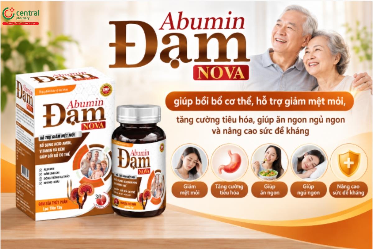 Abumin Đạm Nova giúp bồi bổ cơ thể, hỗ trợ giảm mệt mỏi, tăng cường tiêu hóa, giúp ăn ngon ngủ ngon và nâng cao sức đề kháng