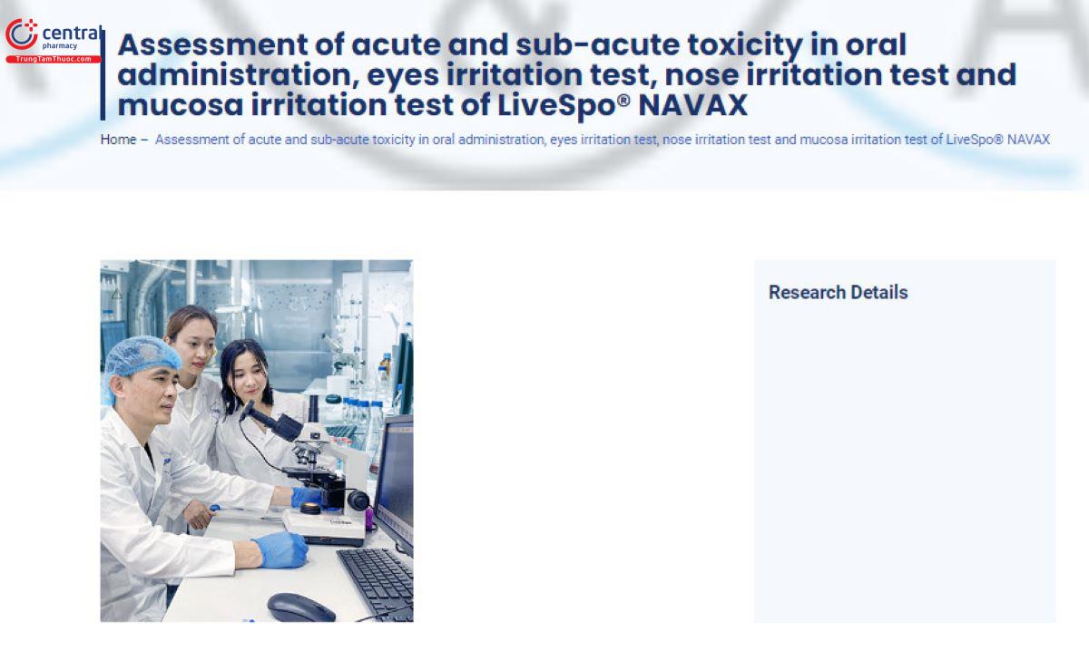 Đánh giá độc tính cấp và bán cấp qua đường uống, thử nghiệm kích ứng mắt, thử nghiệm kích ứng mũi và thử nghiệm kích ứng niêm mạc của LiveSpo® NAVAX