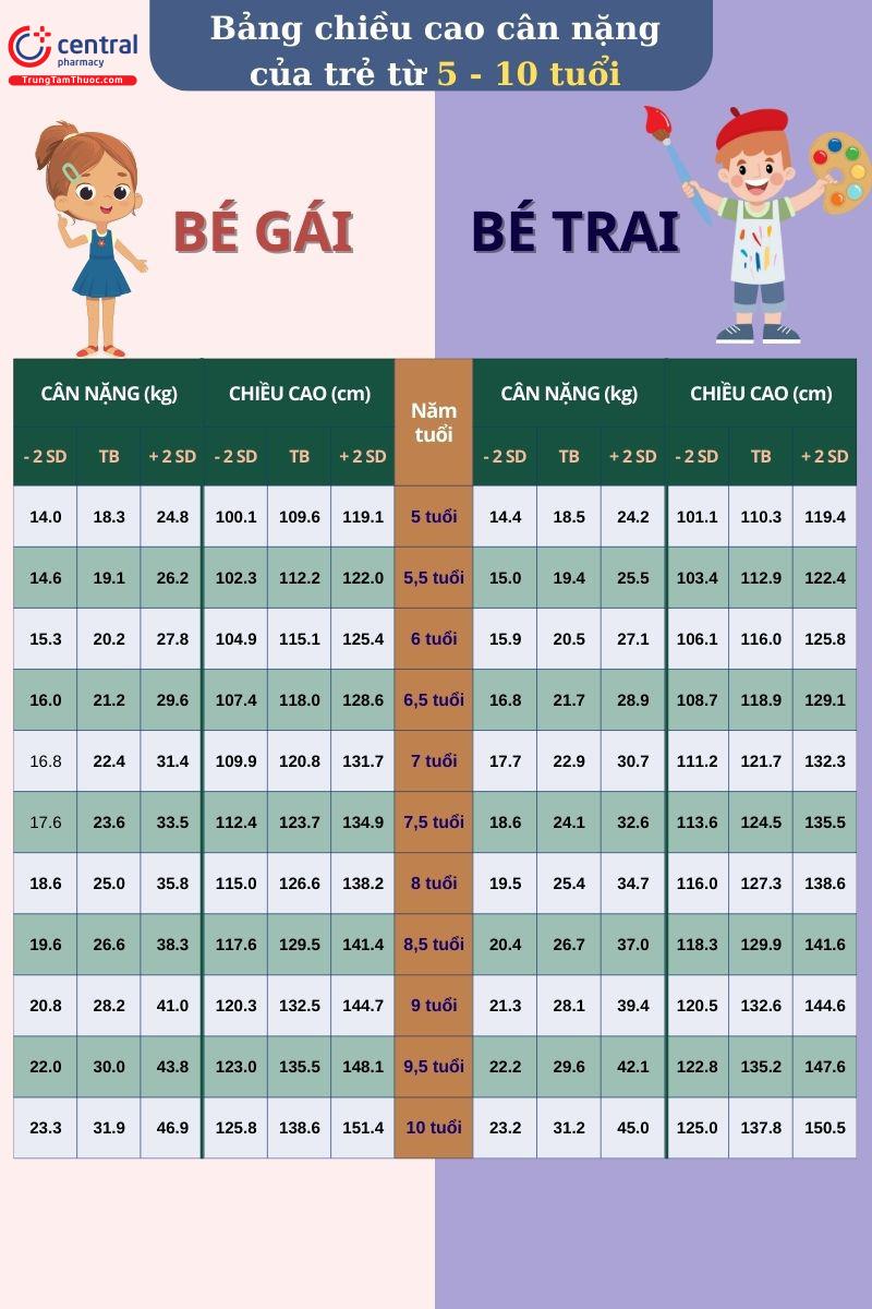 Bảng chiều cao cân nặng chuẩn của trẻ trai và trẻ gái từ 5 - 10 tuổi theo WHO