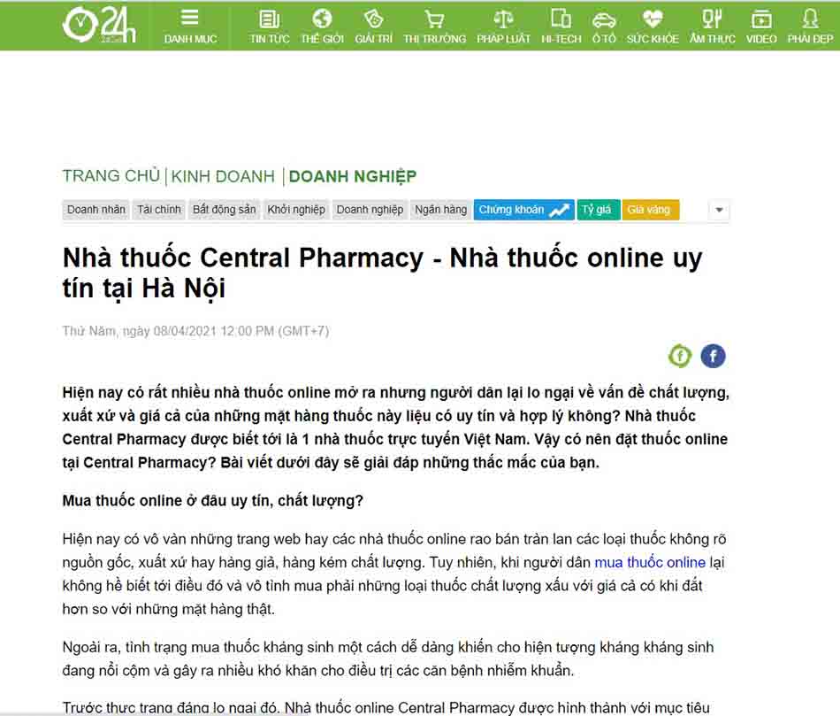 Báo 24h.com.vn đưa tin về nhà thuốc Central Pharmacy