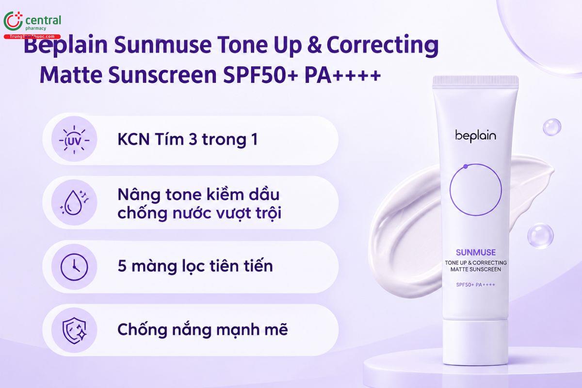 Kem chống nắng nâng tone, kiềm dầu Beplain Sunmuse Tone Up & Correcting Matte Sunscreen SPF50+ PA++++