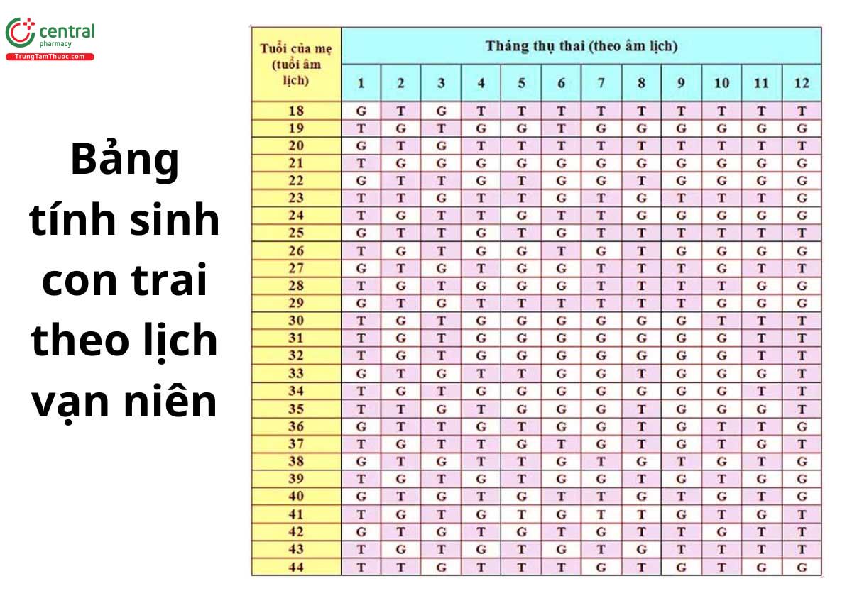 Bảng tính sinh con trai theo lịch vạn niên