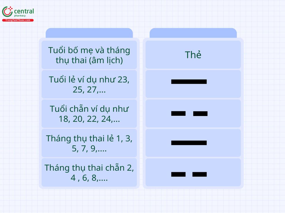 Mã hóa tuổi của bố mẹ và tháng thụ thai (âm lịch)