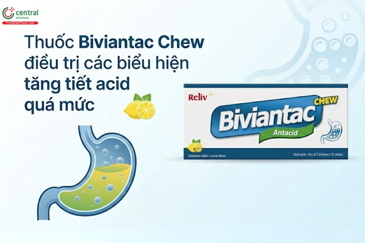 Thuốc Biviantac Chew điều trị tăng acid dạ dày như khó tiêu, ợ chua