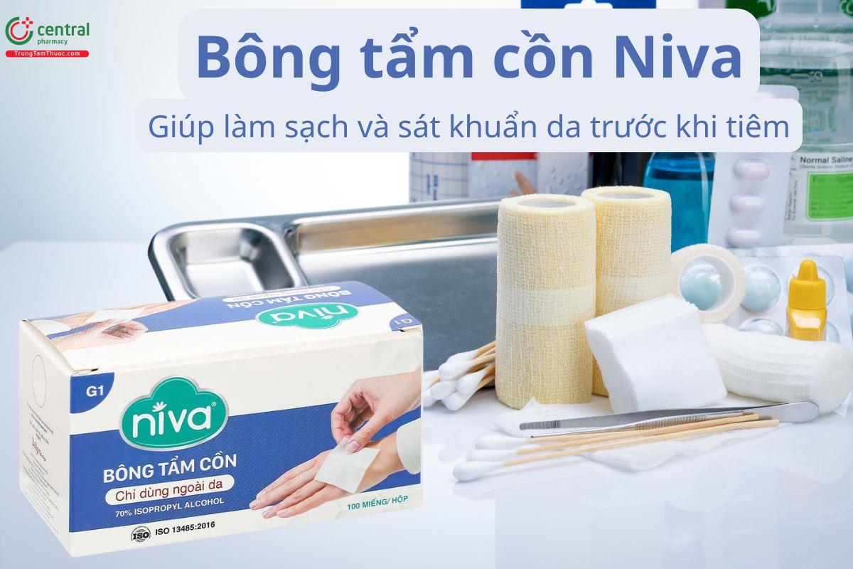Bông tẩm cồn Niva giúp làm sạch và sát khuẩn da trước khi tiêm