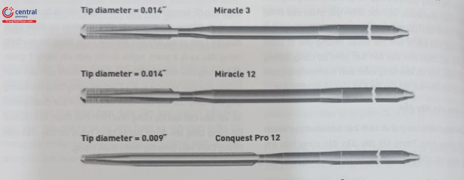 Hình 16.12. Dây dẫn Miracle 3 và Miracle 6 có đường kính đầu tận 0,014”. Dây dẫn Conquest Pro 12 có đường kính đầu tận 0,009’’.