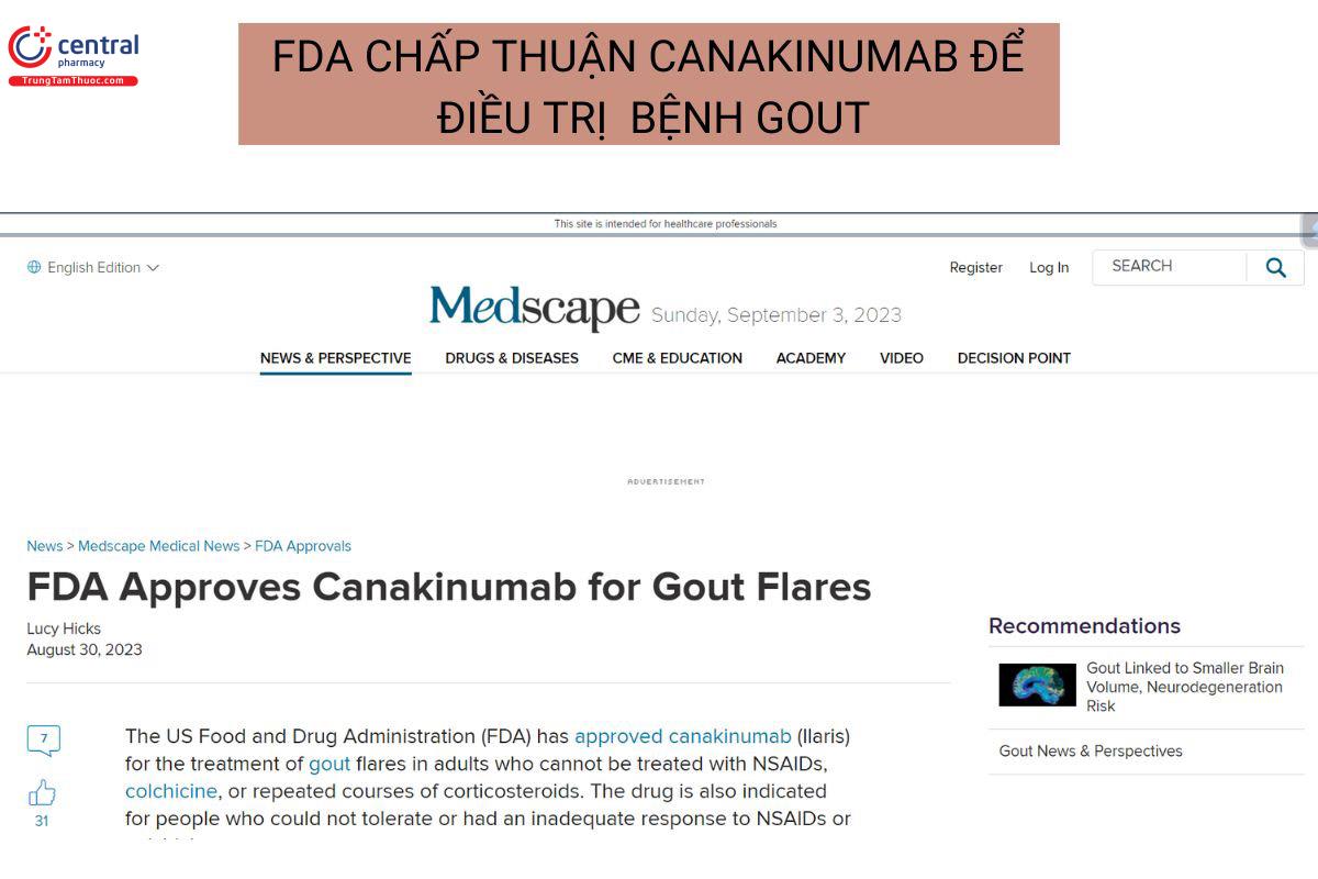 FAD phê duyệt Canakinumab để điều trị bệnh gout