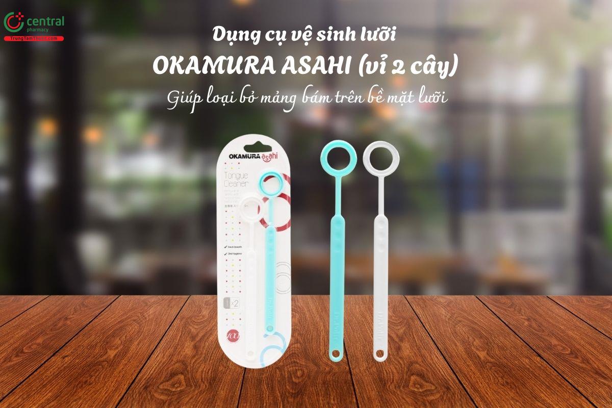 Dụng cụ vệ sinh lưỡi Okamura Asahi (vỉ 2 cây) giúp loại bỏ mảng bám trên bề mặt lưỡi, hỗ trợ ngăn ngừa hôi miệng và các bệnh về nướu răng