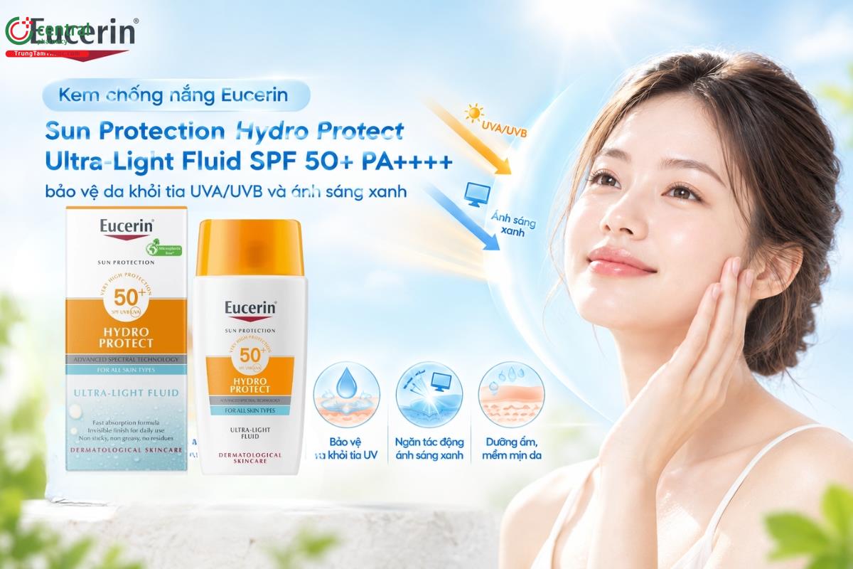 Kem chống nắng Eucerin Sun Protection Hydro Protect Ultra-Light Fluid SPF 50+ PA++++ bảo vệ da khỏi tia UVA/UVB và ánh sáng xanh