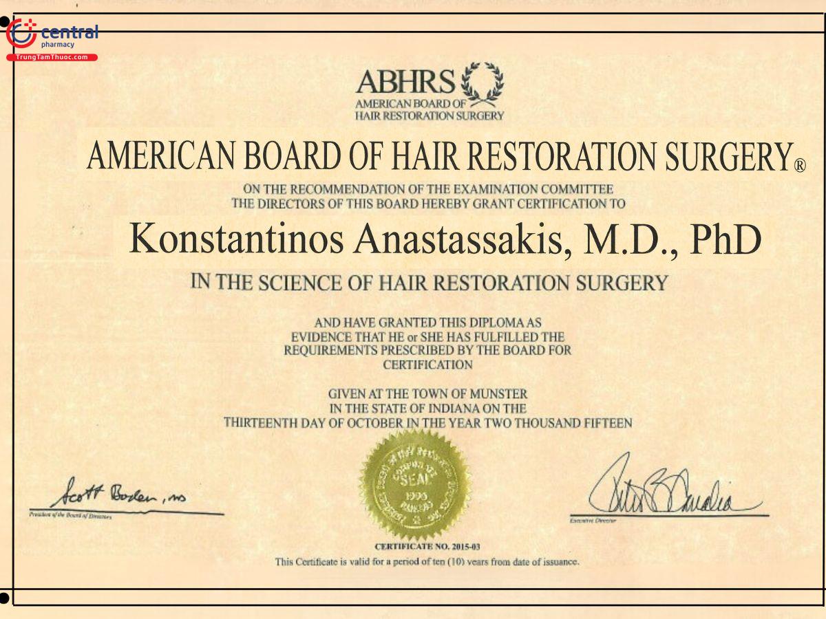 Chứng chỉ đào tạo phẫu thuật cấy tóc của Tiến sĩ Bác sĩ Anastasakis năm 2015