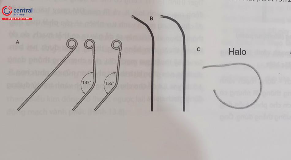 Hình 13.12. Ống thông Pigtail (A) loại thẳng và gập góc; Đa năng (Multipurpose) (B) và Halo (C)