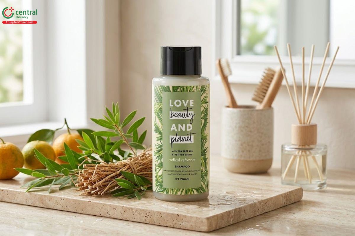 Dầu gội Love Beauty and Planet Radical Refresher với sự kết hợp của tinh dầu Tràm trà và cỏ Hương bài Haiti.
