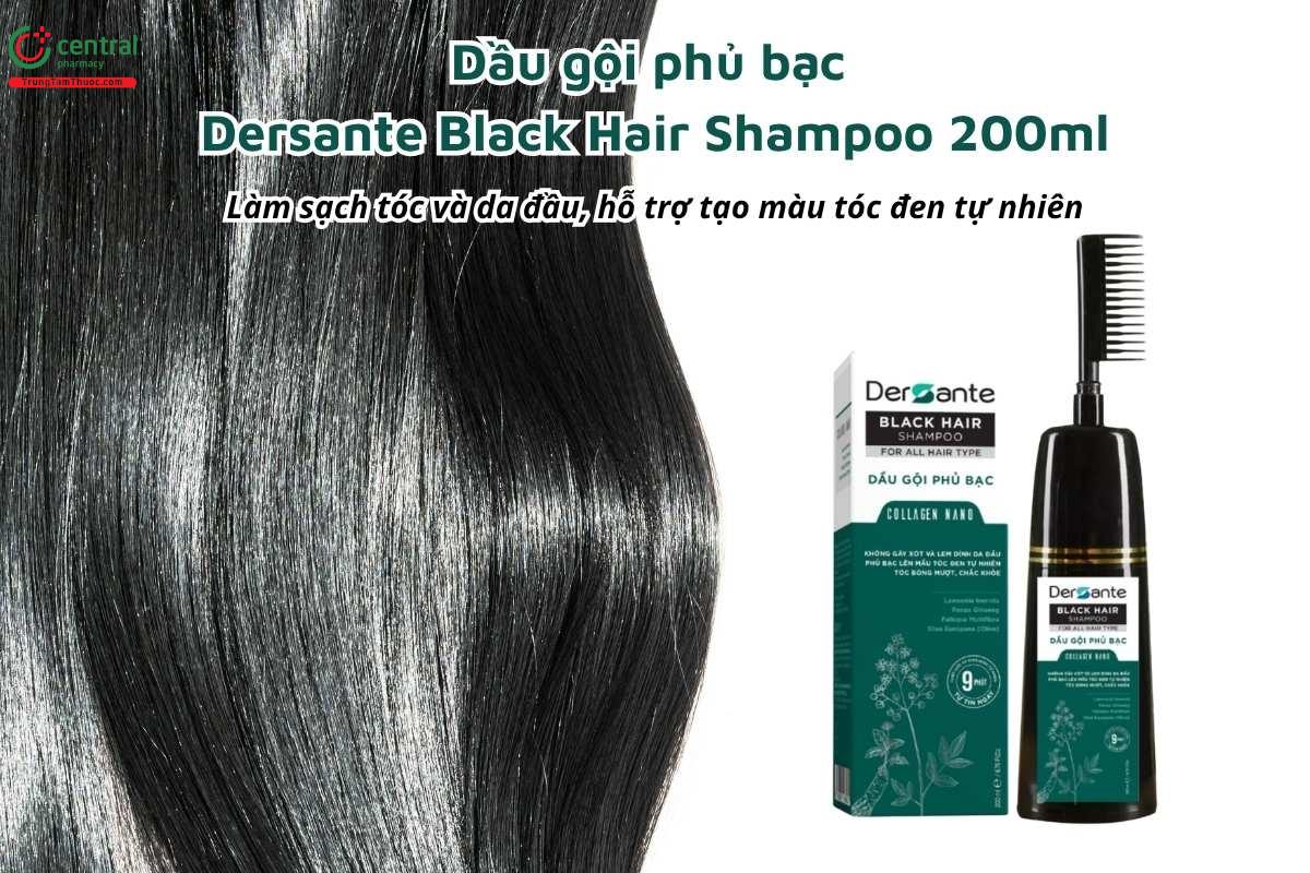Dầu gội phủ bạc Dersante Black Hair Shampoo 200ml giúp làm sạch tóc và da đầu, hỗ trợ tạo màu tóc đen tự nhiên