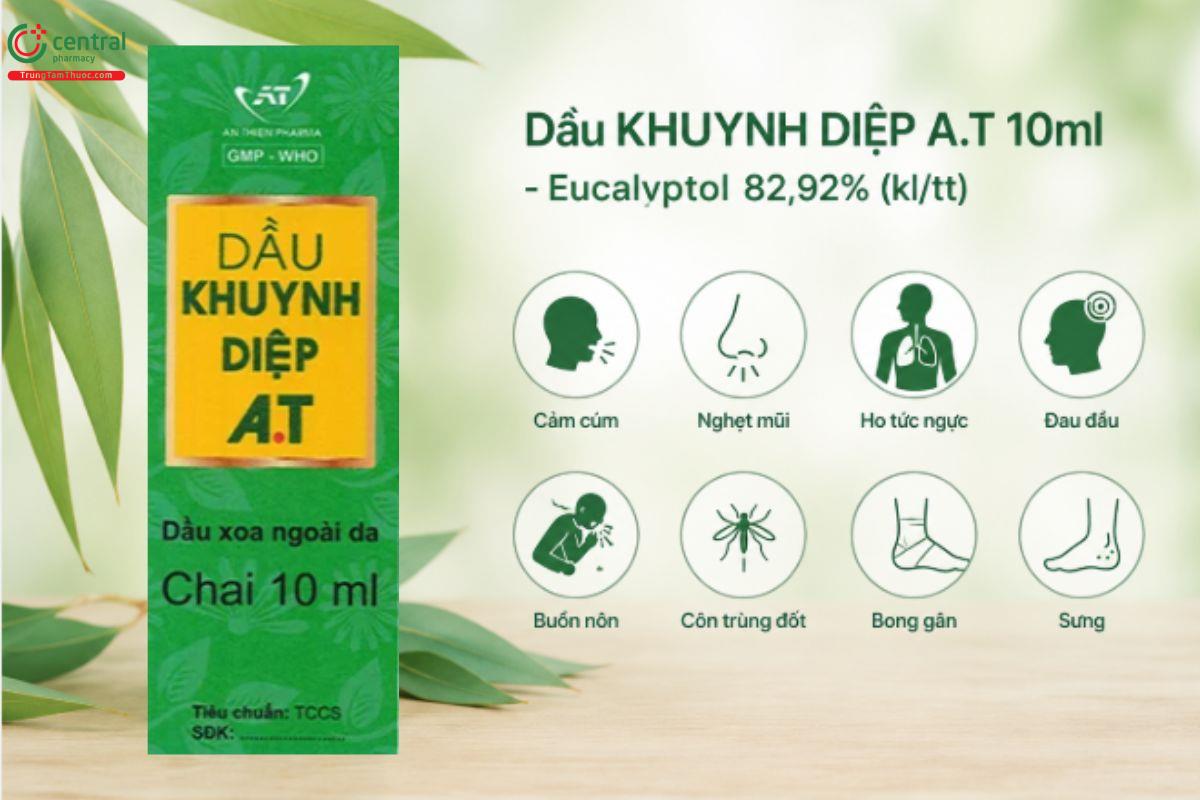 Dầu KHUYNH DIỆP A.T 10ml điều trị cảm cúm, nghẹt mũi, ho tức ngực, đau đầu, buồn nôn, côn trùng đốt, bong gân