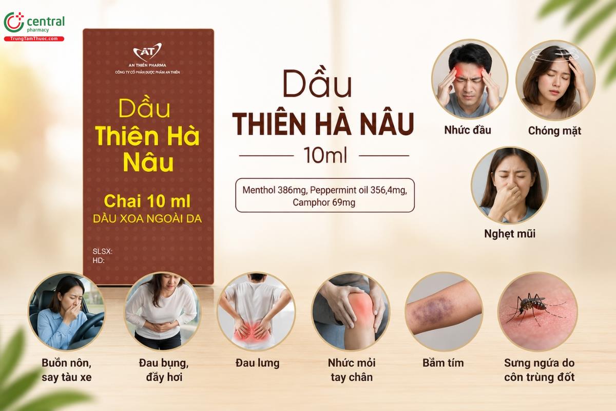Dầu THIÊN HÀ NÂU 10ml giúp giảm các triệu chứng cảm lạnh, nhức đầu, ngạt mũi, đau bụng, bầm tím
