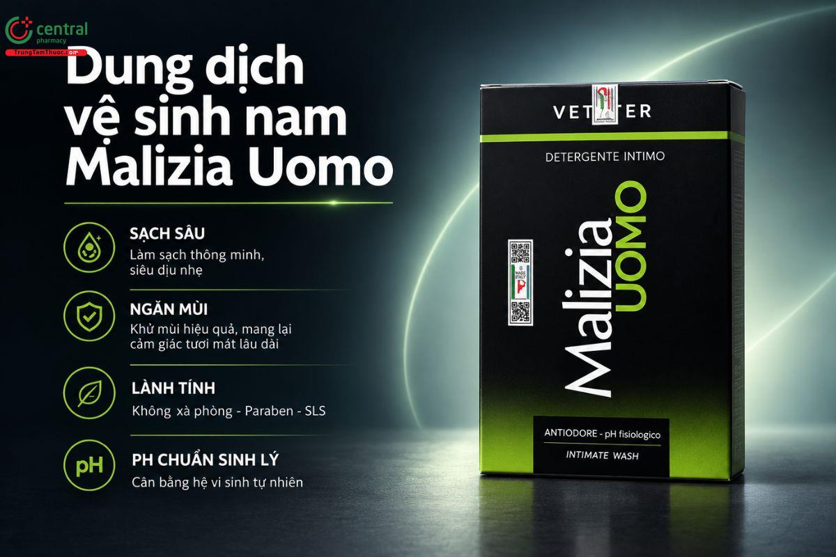 Dung dịch vệ sinh nam Malizia Uomo - Làm sạch dịu nhẹ, hương thơm nam tính