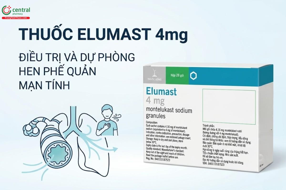 Thuốc Elumast 4mg điều trị bệnh hen suyễn và chứng viêm mũi dị ứng