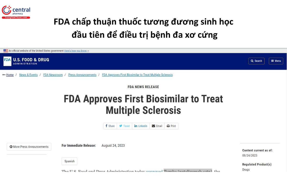 FDA chấp thuận Tyruko 300mg/15ml là thuốc tương đương sinh học đầu tiên điều trị đa xơ cứng