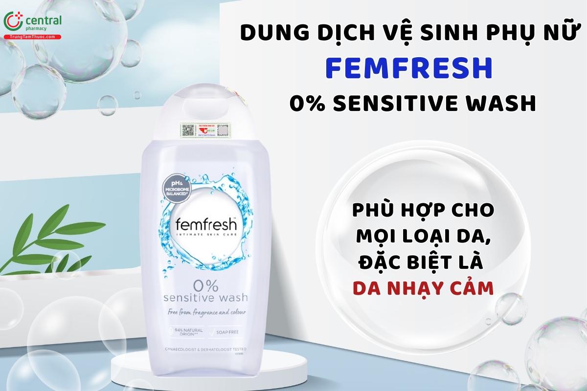 Dung dịch vệ sinh phụ nữ Femfresh 0% Sensitive Wash 250ml dùng cho da nhạy cảm với 94% từ thiên nhiên