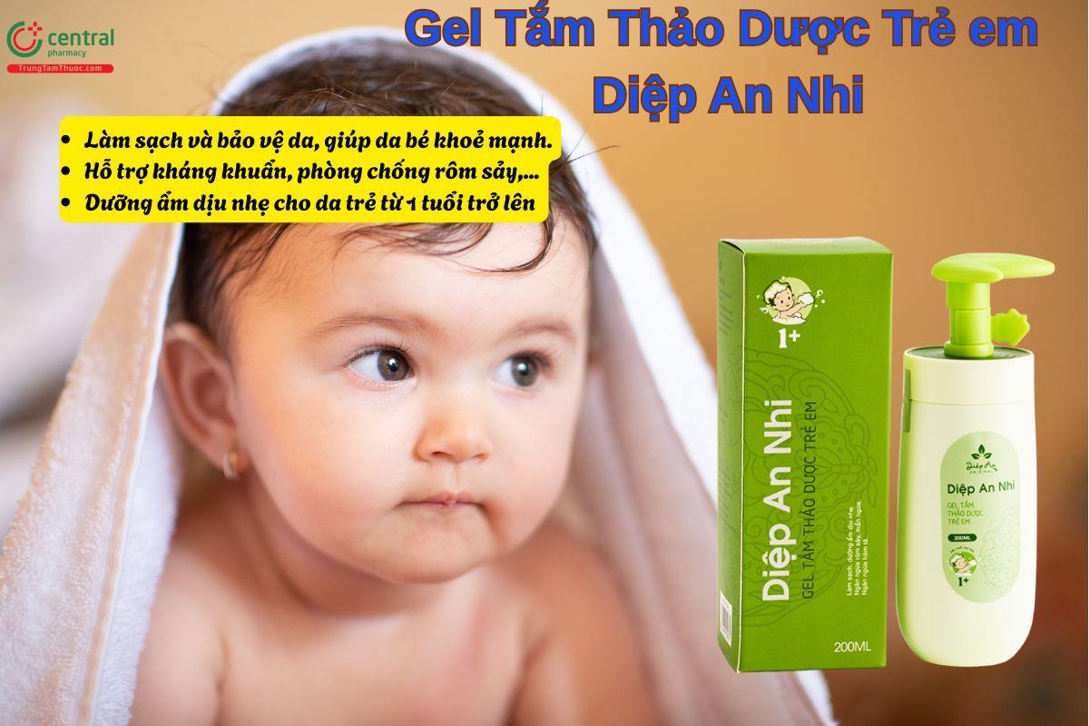 Gel tắm thảo dược Diệp An Nhi giúp hỗ trợ giảm rôm sảy, mẩn ngứa, làm sạch da bé 1 tuổi trở lên