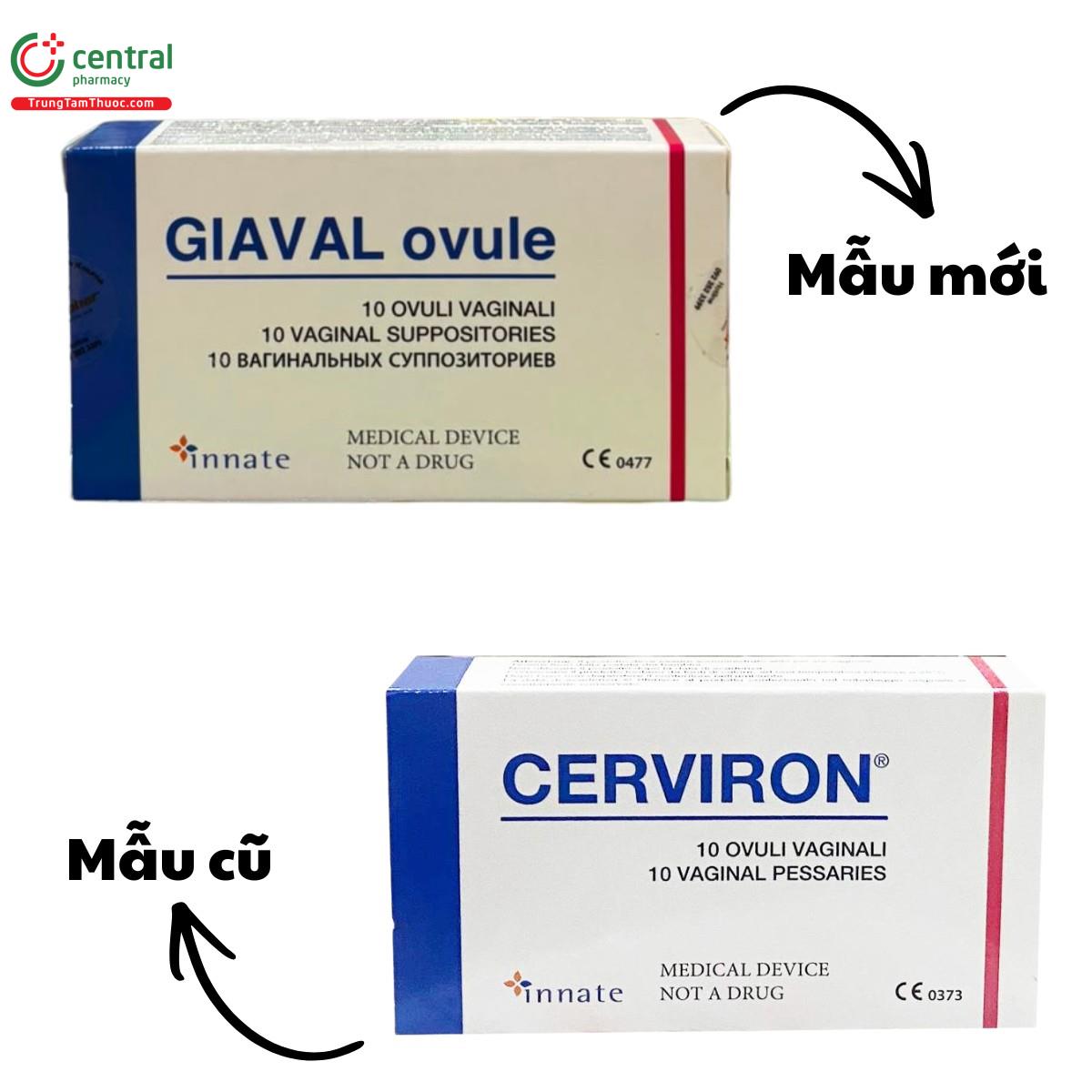 Thông báo đổi tên và bao bì sản phẩm Cerviron (mẫu cũ) và GIAVAL Ovule (mẫu mới)