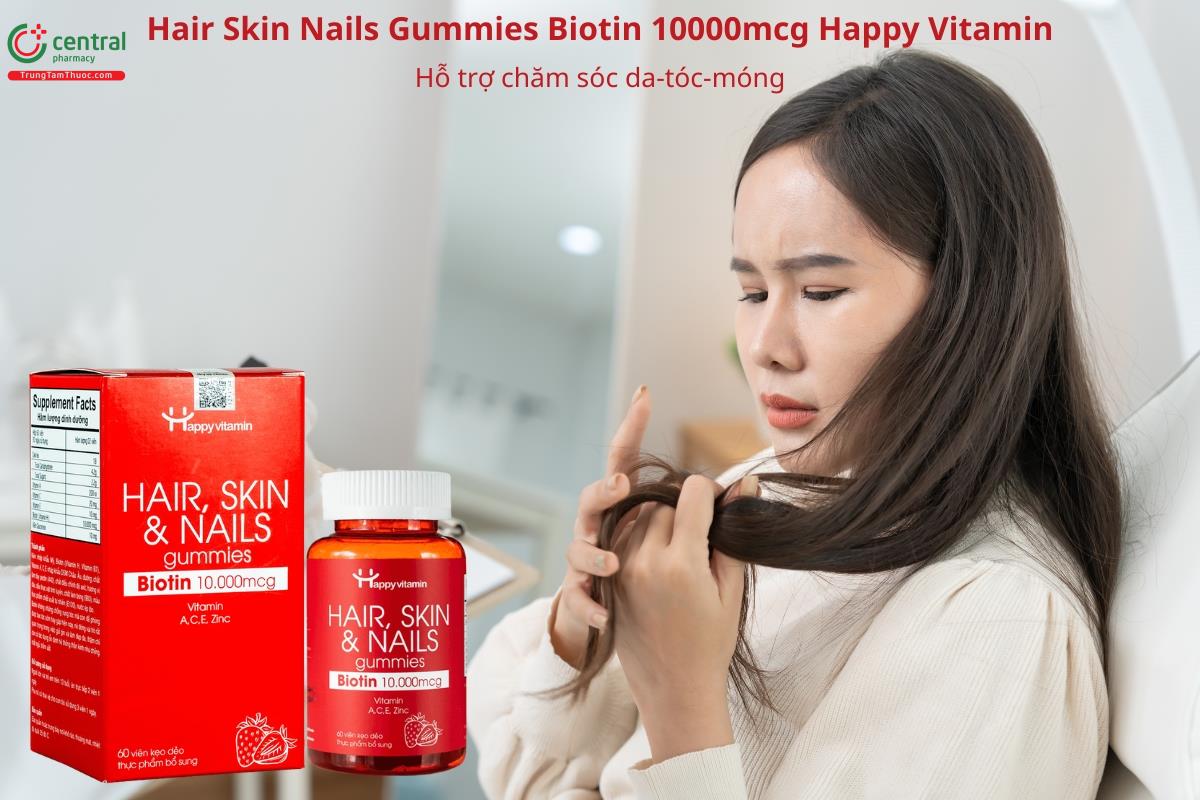 Hair Skin Nails Gummies Biotin 10000mcg Happy Vitamin hỗ trợ chăm sóc da-tóc-móng