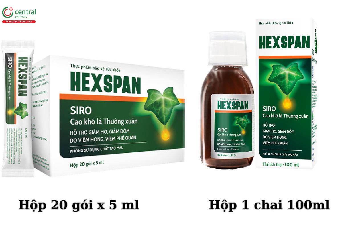 Siro Hexspan 100ml có nhiều quy cách đóng gói: hộp 100ml, hộp 20 gói x 5ml