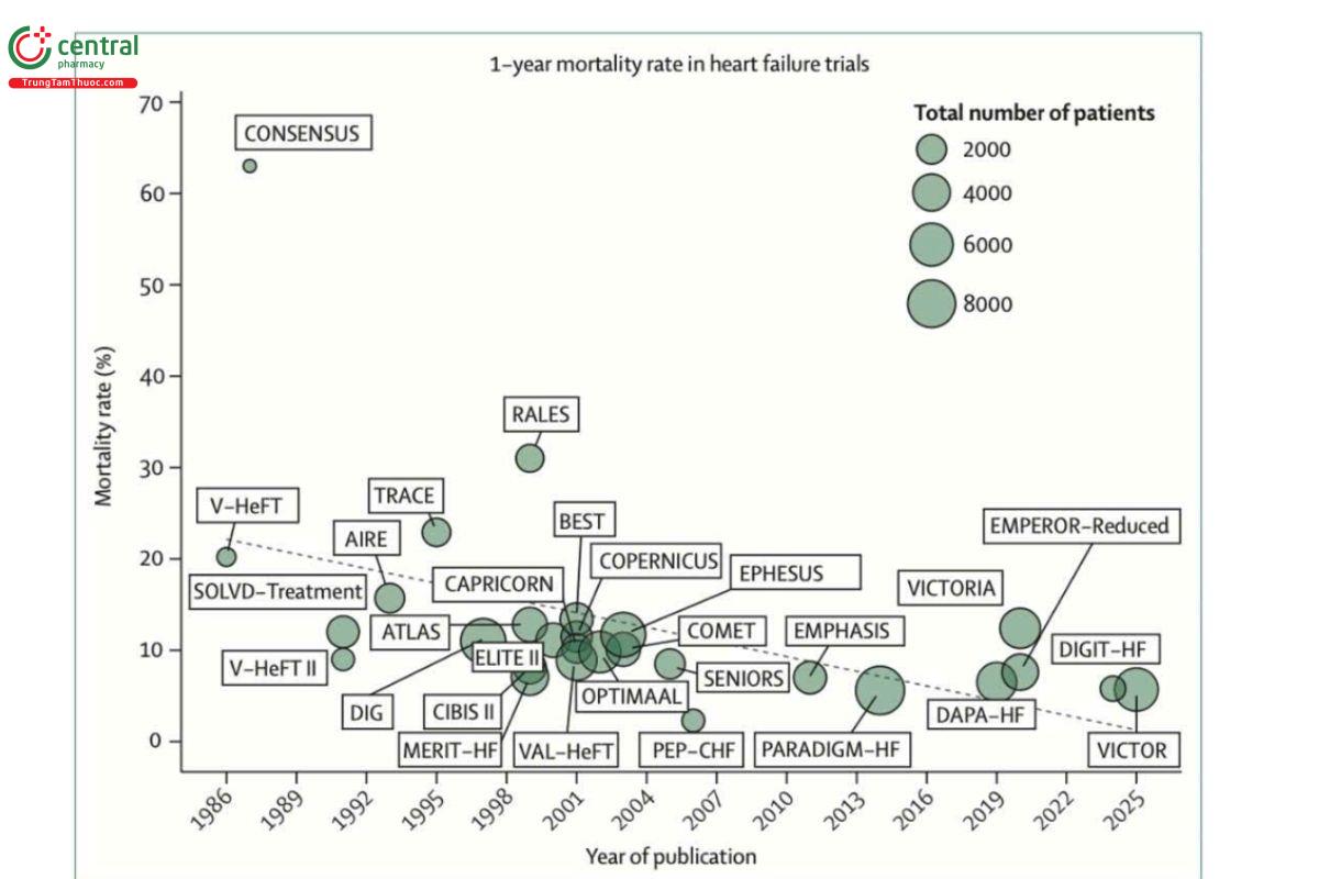 Hình 2: Giảm tỷ lệ tử vong ở bệnh nhăn HFrEF theo thời gian