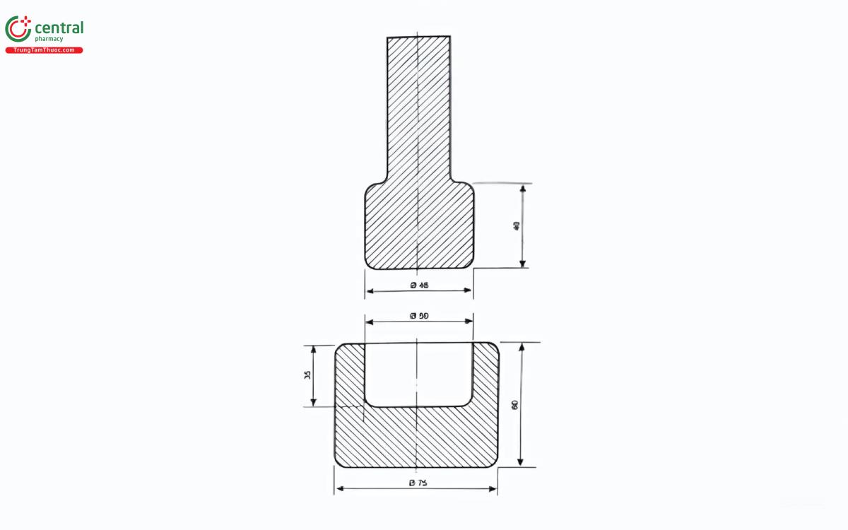 Hình 17.1.2 - Cối chày dùng trong phương pháp tạo hạt thủy tỉnh (kích thước tính bằng mm)