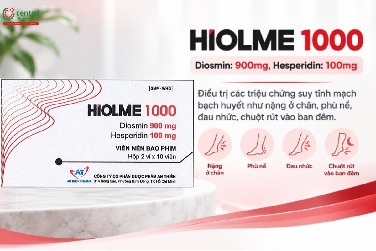 Thuốc HIOLME 1000 điều trị các triệu chứng suy tĩnh mạch bạch huyết như nặng ở chân, phù nề, đau nhức, chuột rút vào ban đêm
