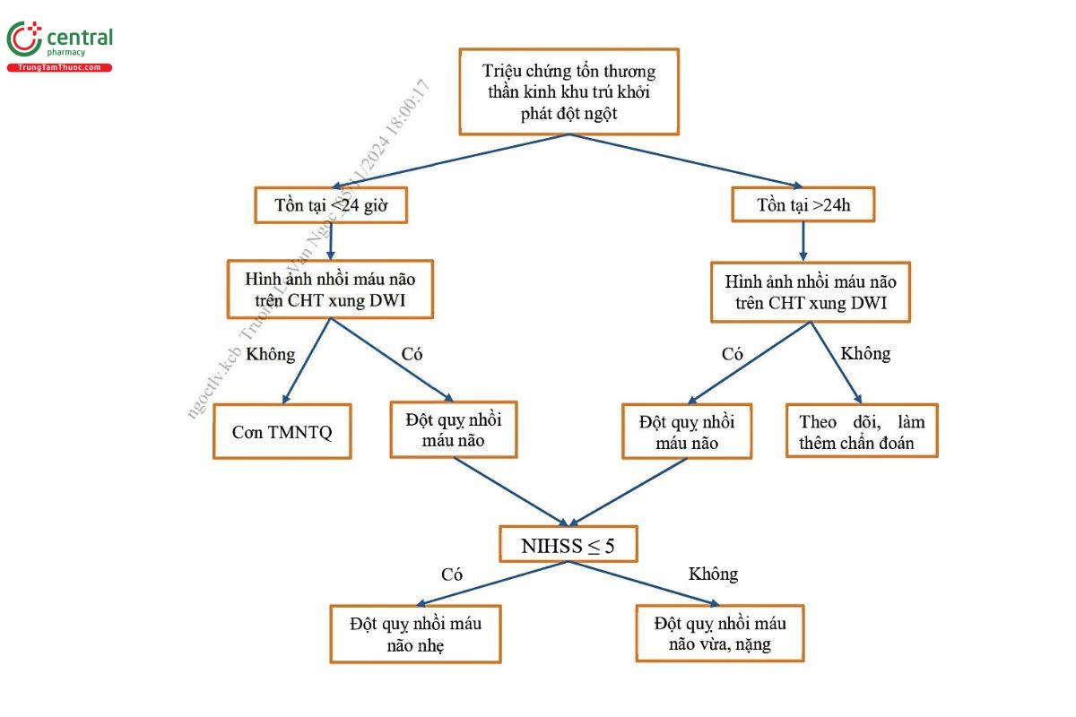 Sơ đồ 1. Sơ đồ chẩn đoán cơn thiếu máu não thoáng qua và Đột quỵ nhồi máu não nhẹ theo hội Đột quỵ Hoa Kỳ