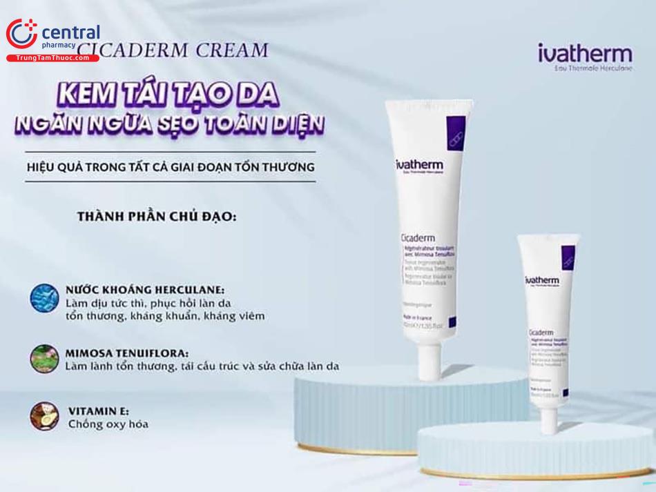 Ivatherm Cicaderm Cream 40mL chứa chiết xuất thảo dược thiên nhiên và vitamin E